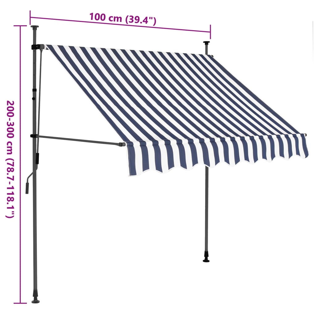 Copertină retractabilă manual cu LED, albastru & alb, 100 cm
