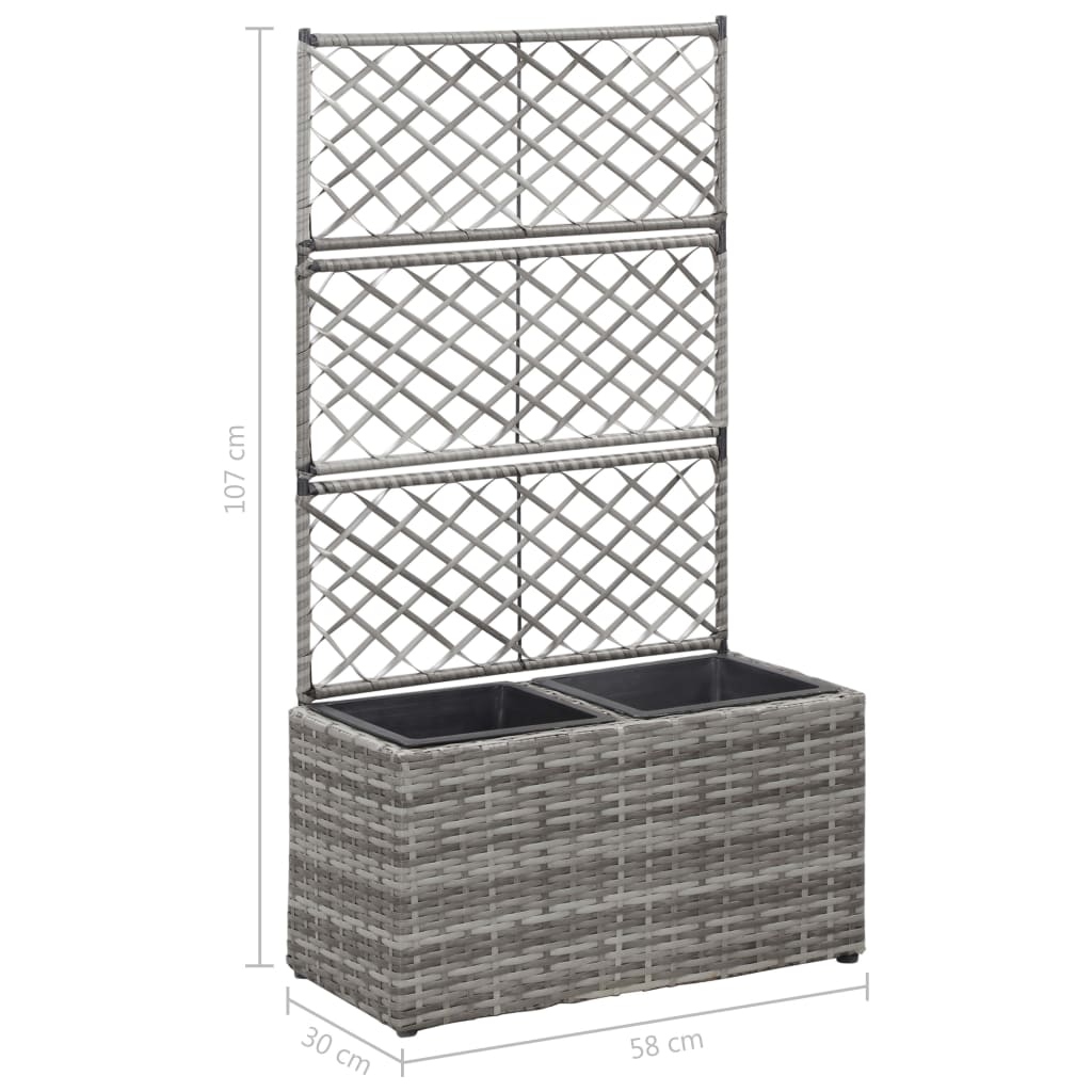 Strat înălțat spalier 2 ghivece, gri, 58x30x107 cm, poliratan