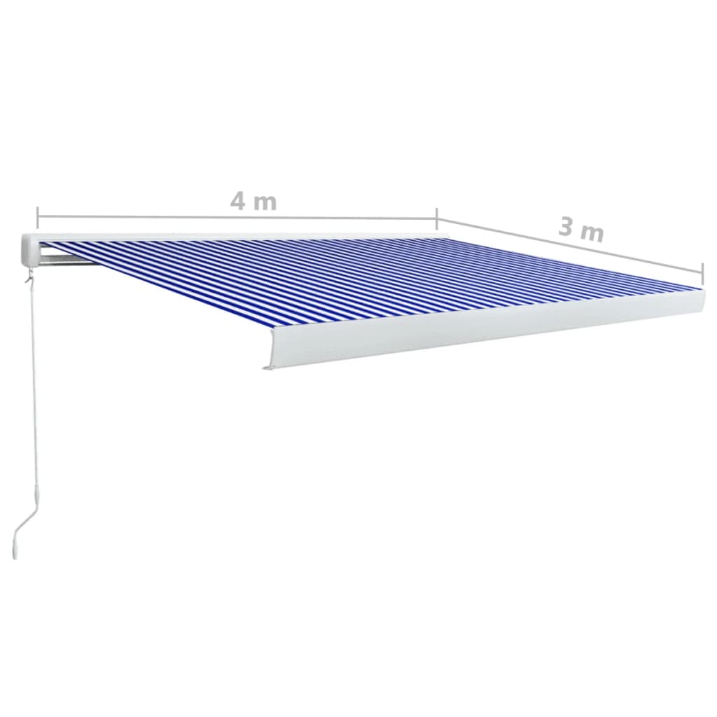 Copertină manuală tip casetă, albastru și alb, 400 x 300 cm