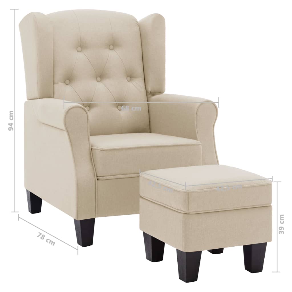 Fotoliu cu taburet pentru picioare, crem, material textil