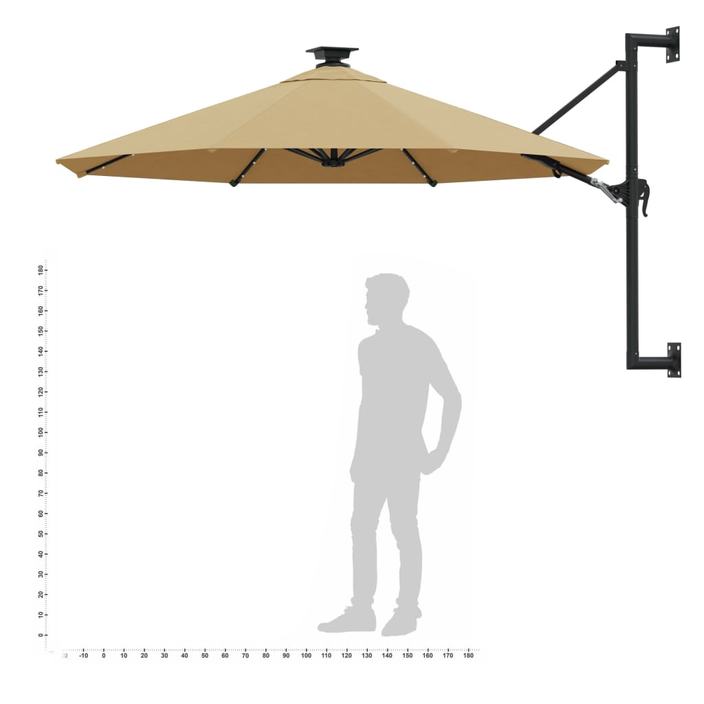 Umbrelă de soare montată pe perete cu LED-uri, taupe, 300 cm