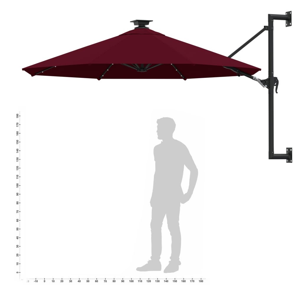 Umbrelă de soare montată pe perete cu LED-uri, burgundy, 300 cm