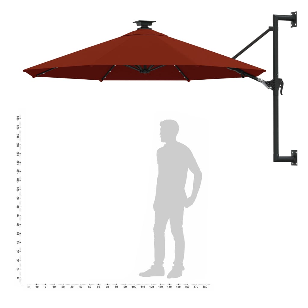 Umbrelă de soare montată pe perete cu LED-uri, cărămiziu 300 cm