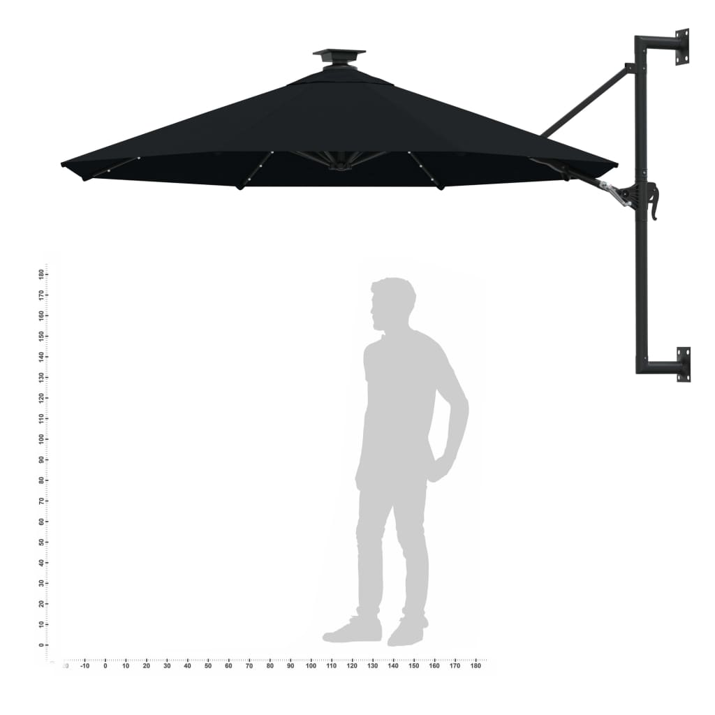 Umbrelă de soare montată pe perete cu LED-uri, negru, 300 cm