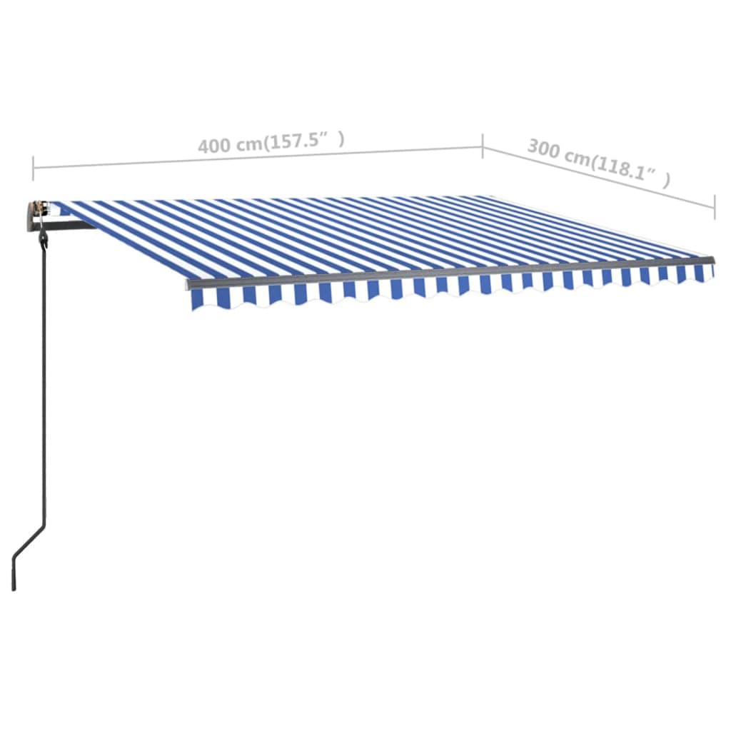 Copertină retractabilă manual, cu LED, albastru și alb, 4x3 m