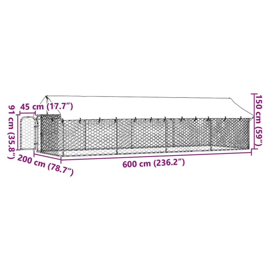 Padoc pentru câini de exterior, cu acoperiș, 600x200x150 cm
