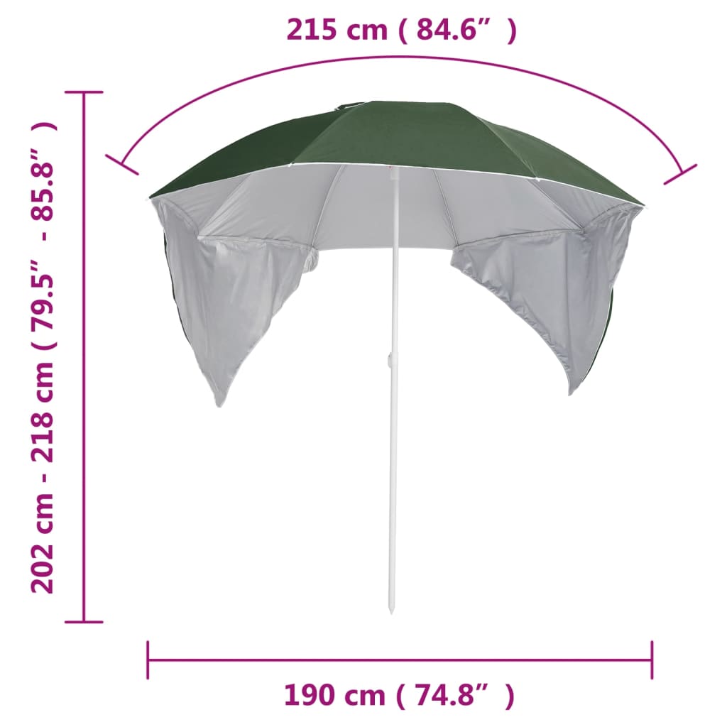 Umbrelă soare de plajă cu pereți laterali, verde, 215 cm