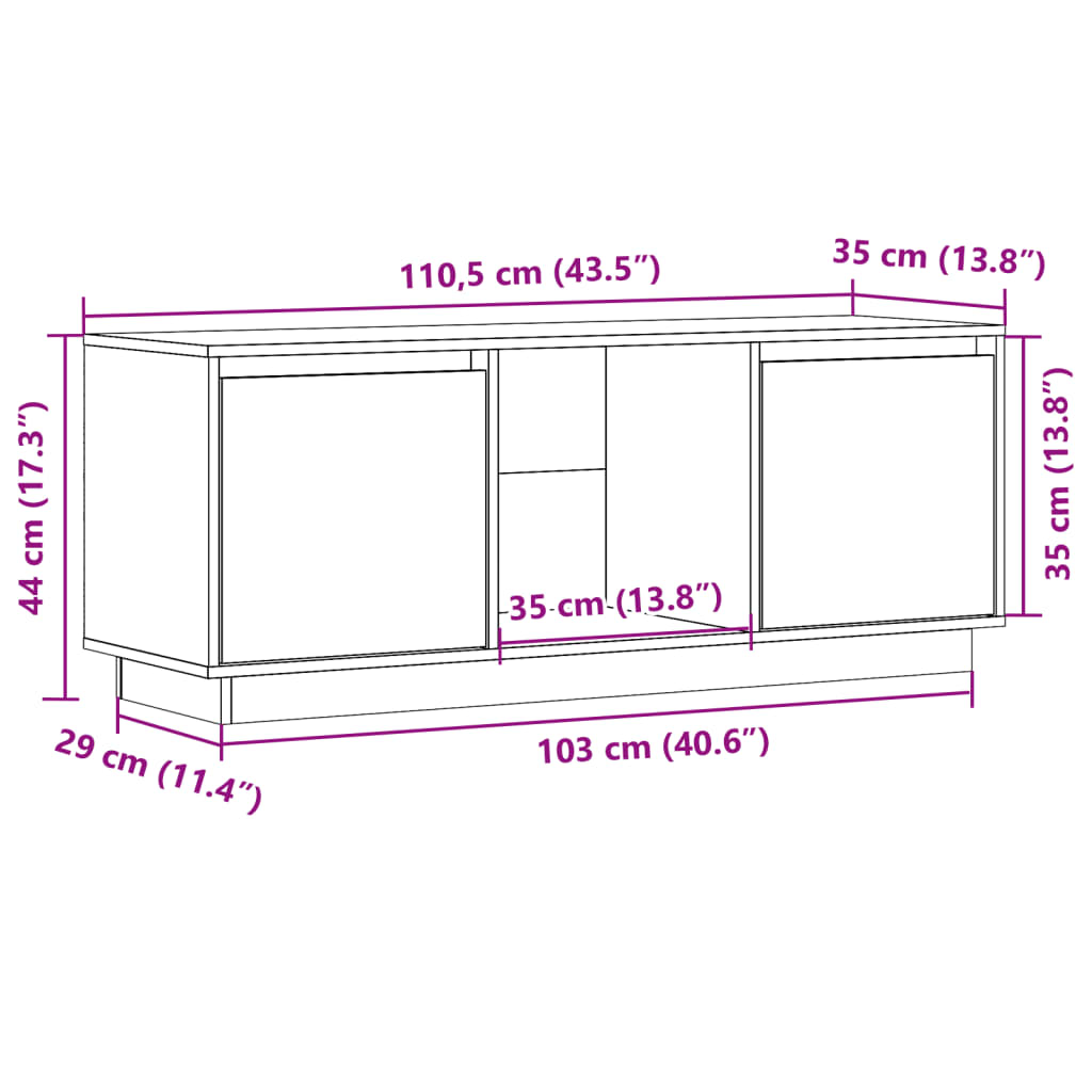 TV sideboard, white, 110.5x35x44 cm, solid pine wood