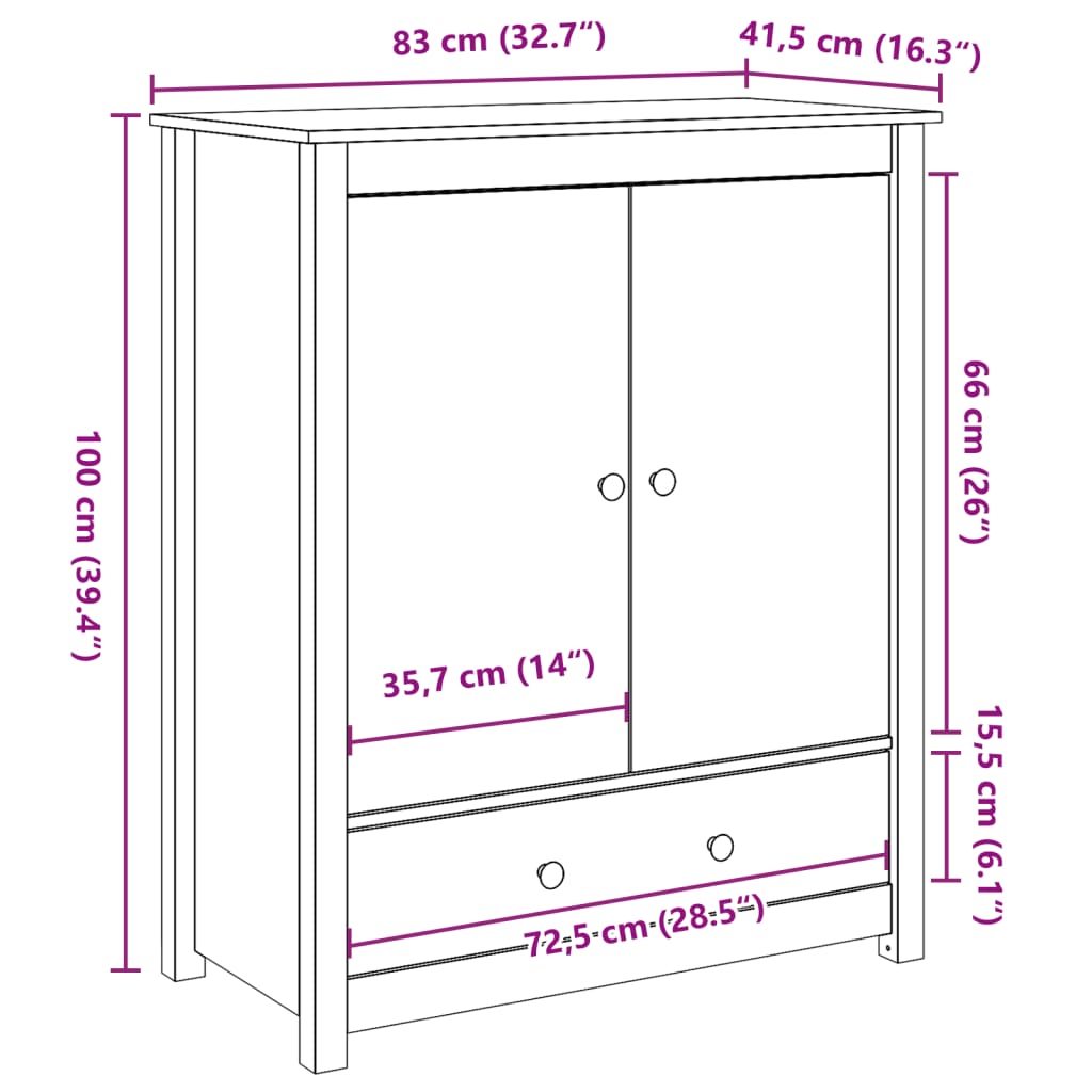 Dulap, alb, 83x41,5x100 cm, lemn masiv de pin