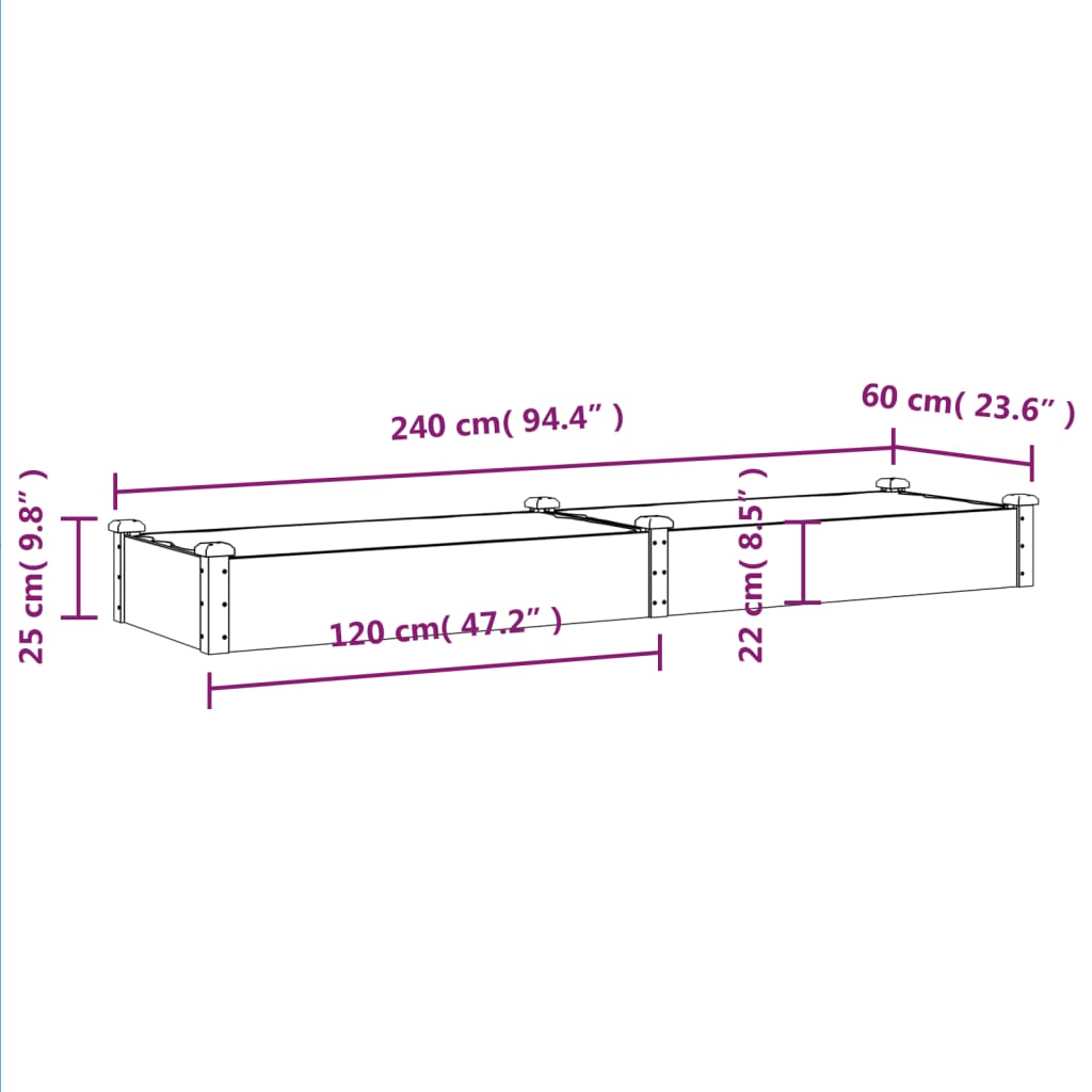 Strat grădină înălțat cu căptușeală maro 240x60x25 cm lemn brad