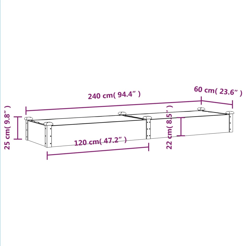 Strat grădină înălțat cu căptușeală gri 240x60x25 cm, lemn brad