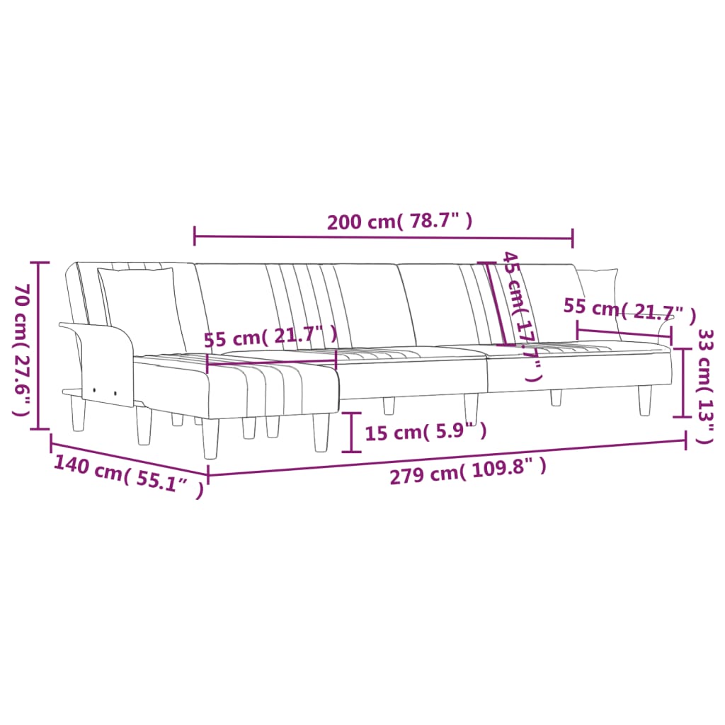 Canapea extensibilă în formă de L gri 279x140x70 cm textil