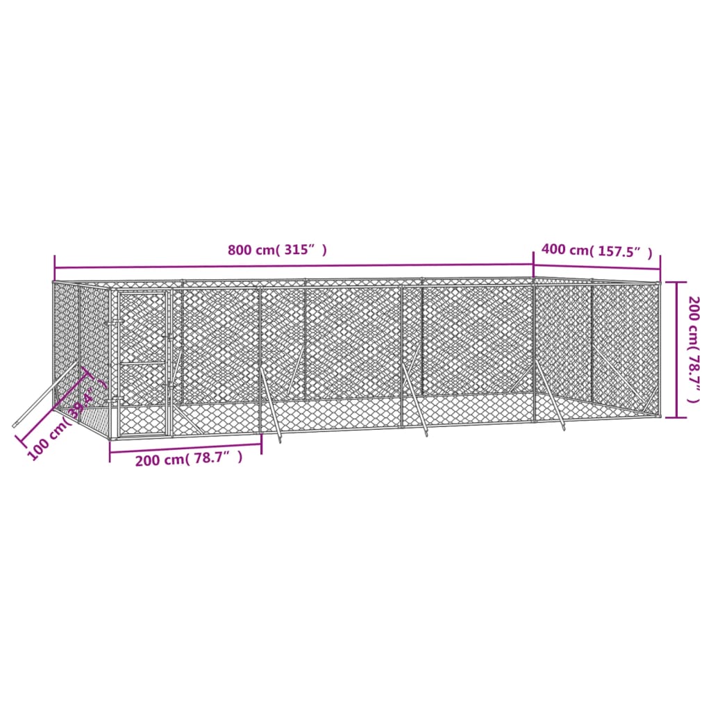 Padoc de exterior pentru câini argintiu 8x4x2 m oțel galvanizat