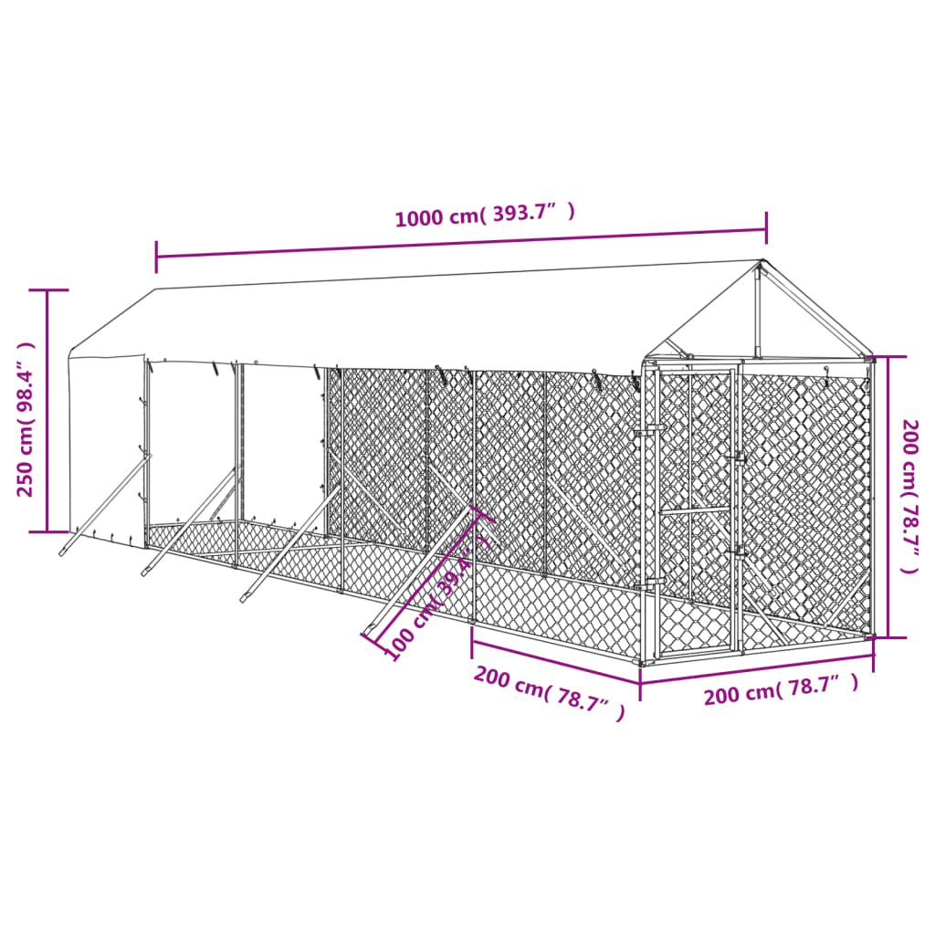 Padoc exterior cu acoperiș argintiu 2x10x2,5 m oțel galvanizat