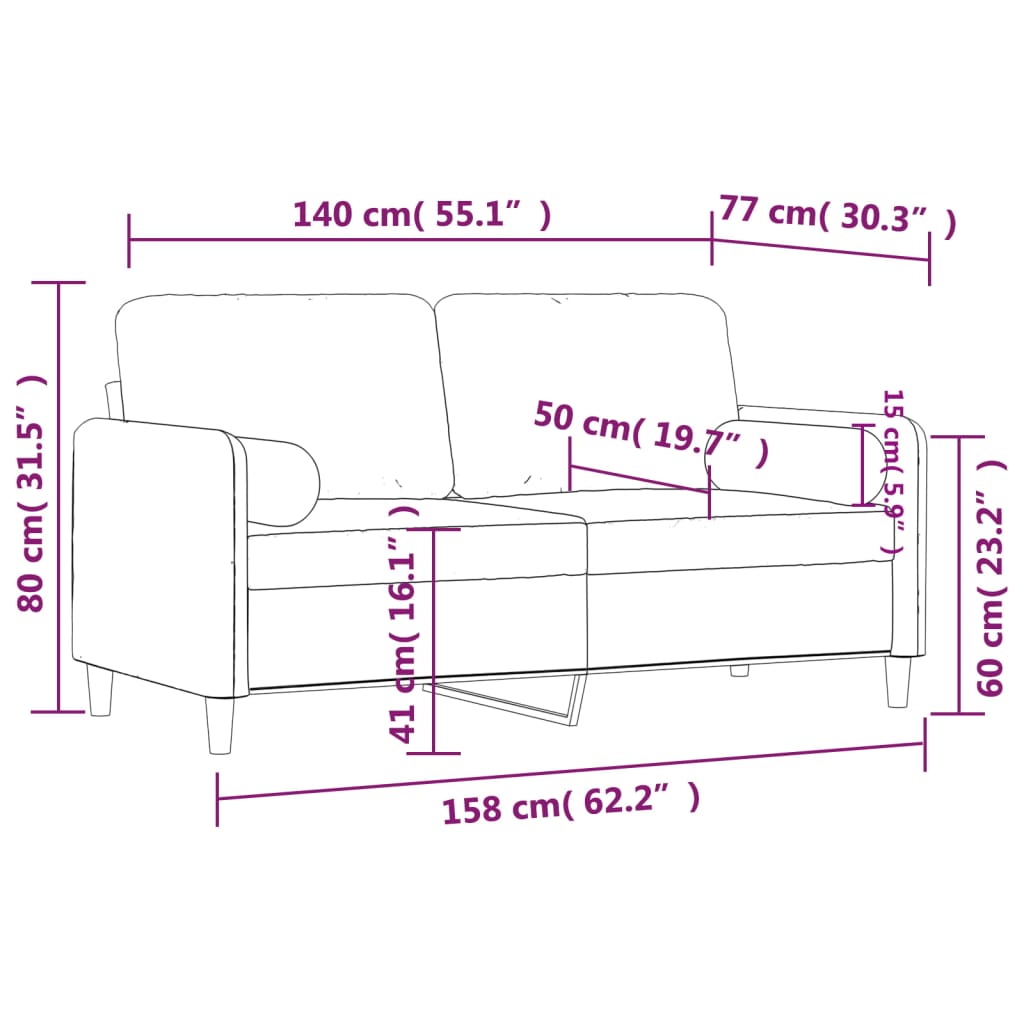 Canapea cu 2 locuri cu pernuțe, galben, 140 cm, catifea