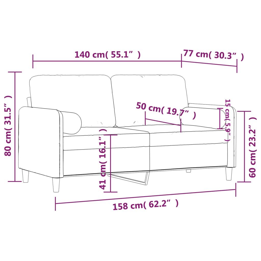 Canapea cu 2 locuri cu pernuțe, maro, 140 cm, catifea