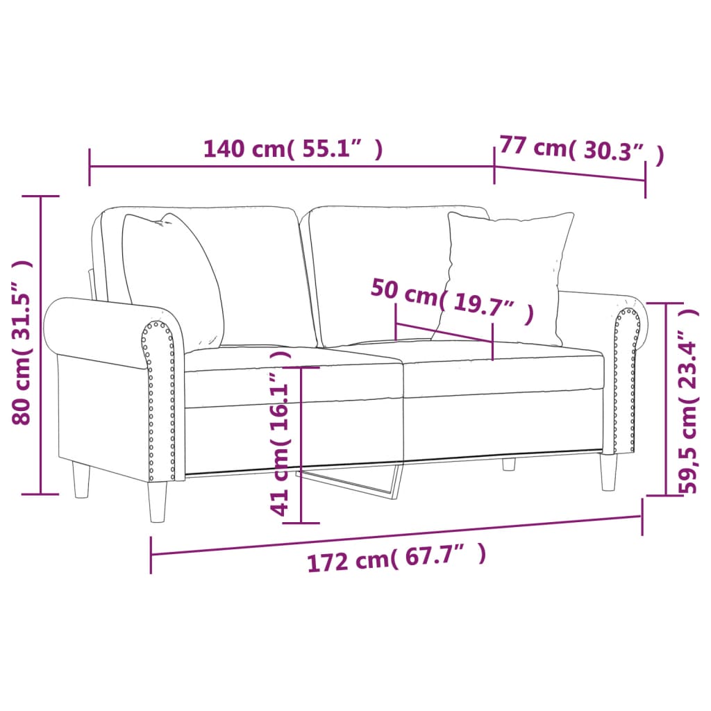 Canapea cu 2 locuri cu pernuțe, roșu vin, 140 cm, catifea