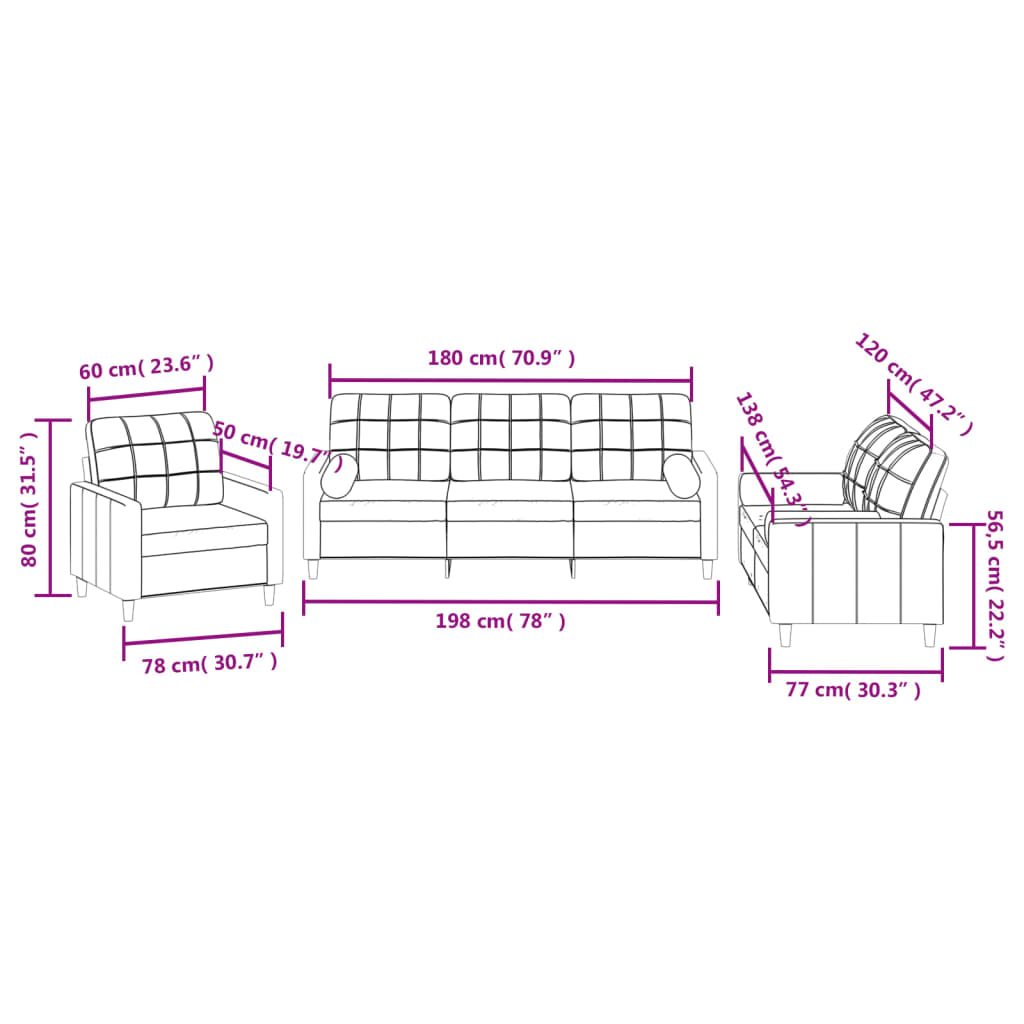 Set de canapele cu perne, 3 piese, gri deschis, textil