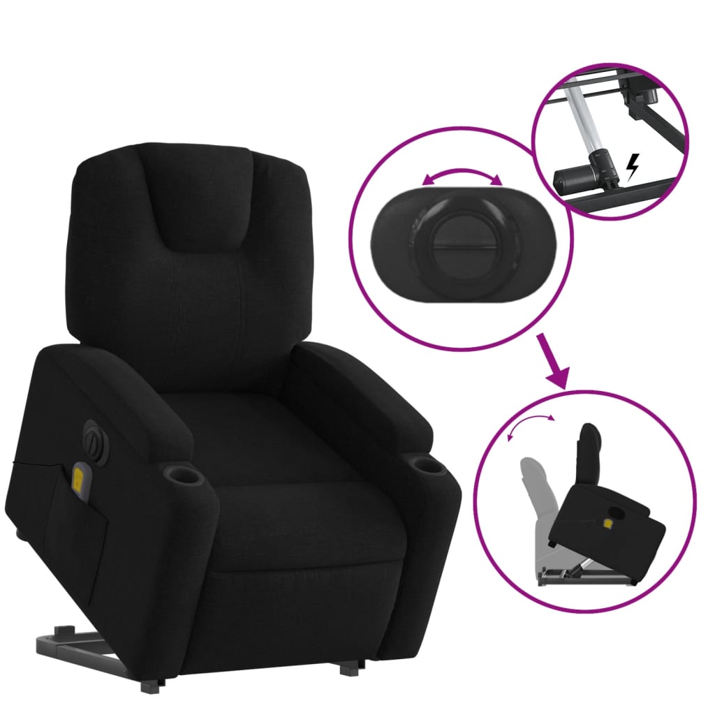 Fotoliu electric de masaj rabatabil cu ridicare, negru, textil