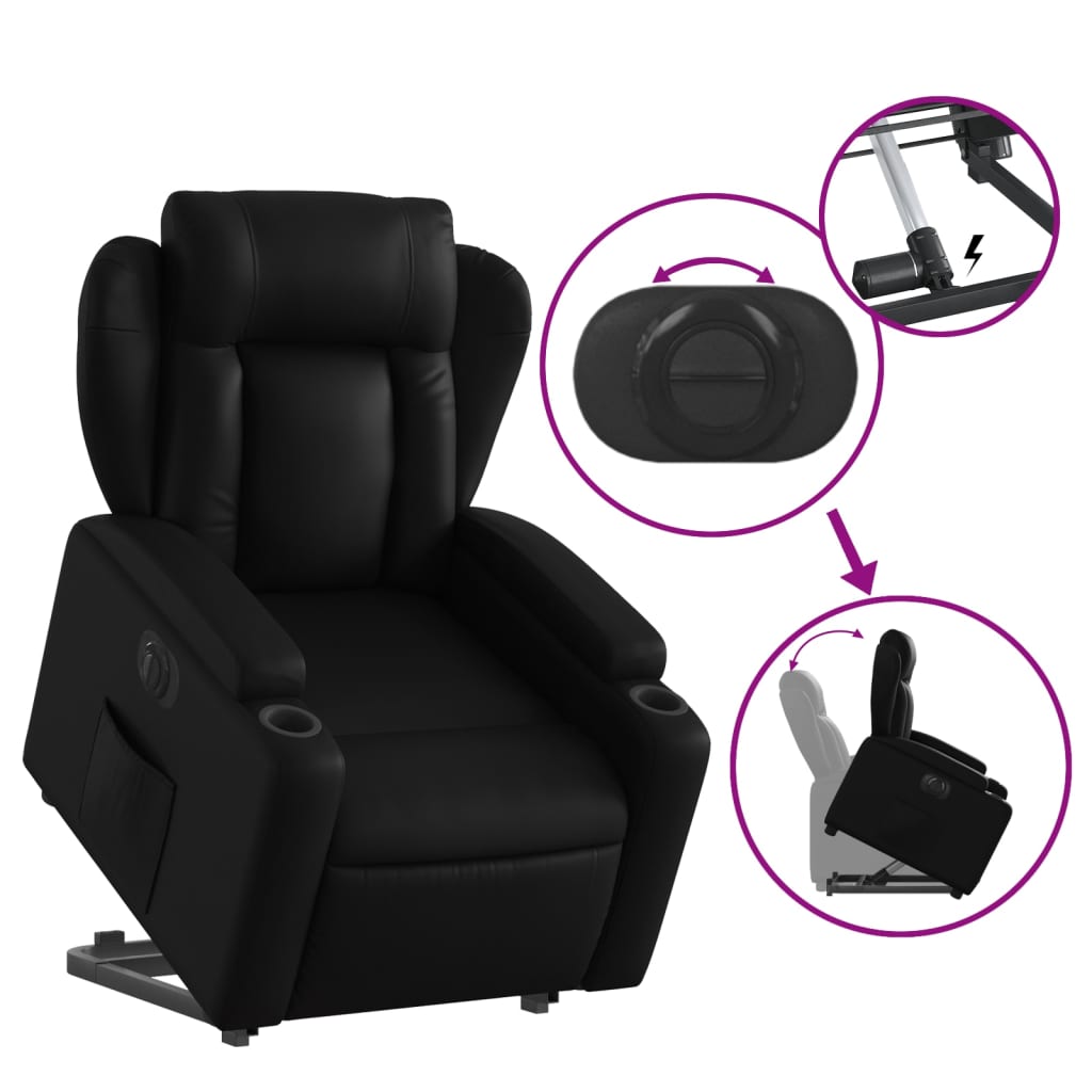 Fotoliu rabatabil electric cu ridicare, negru, piele ecologică