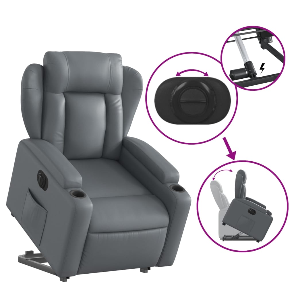 Fotoliu rabatabil electric cu ridicare, gri, piele ecologică