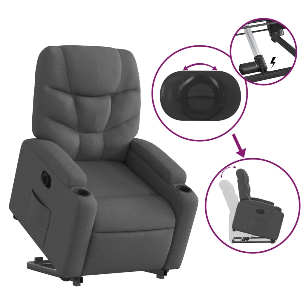 Fotoliu electric rabatabil cu ridicare, gri închis, textil