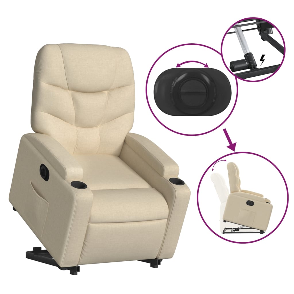 Fotoliu electric rabatabil cu ridicare, crem, textil