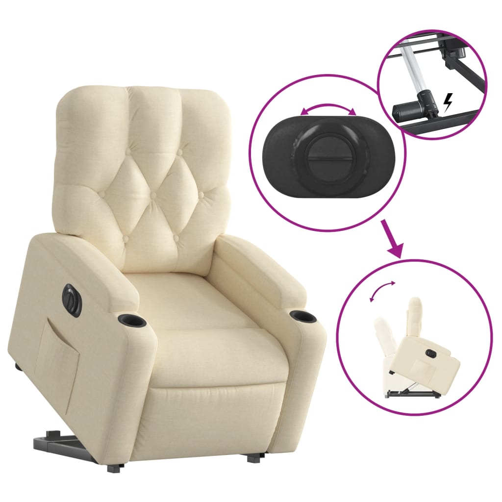 Fotoliu electric rabatabil cu ridicare, crem, textil