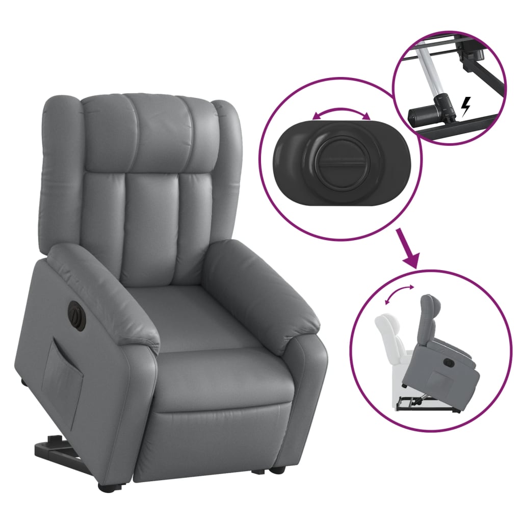 Fotoliu rabatabil electric cu ridicare, gri, piele ecologică