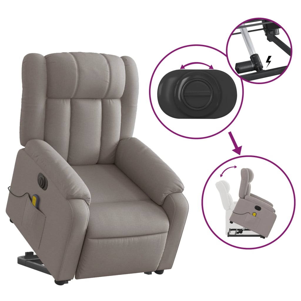 Fotoliu electric masaj rabatabil cu ridicare, gri taupe, textil