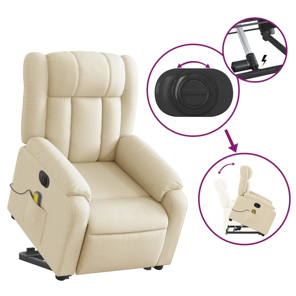 Fotoliu electric de masaj rabatabil cu ridicare, crem, textil