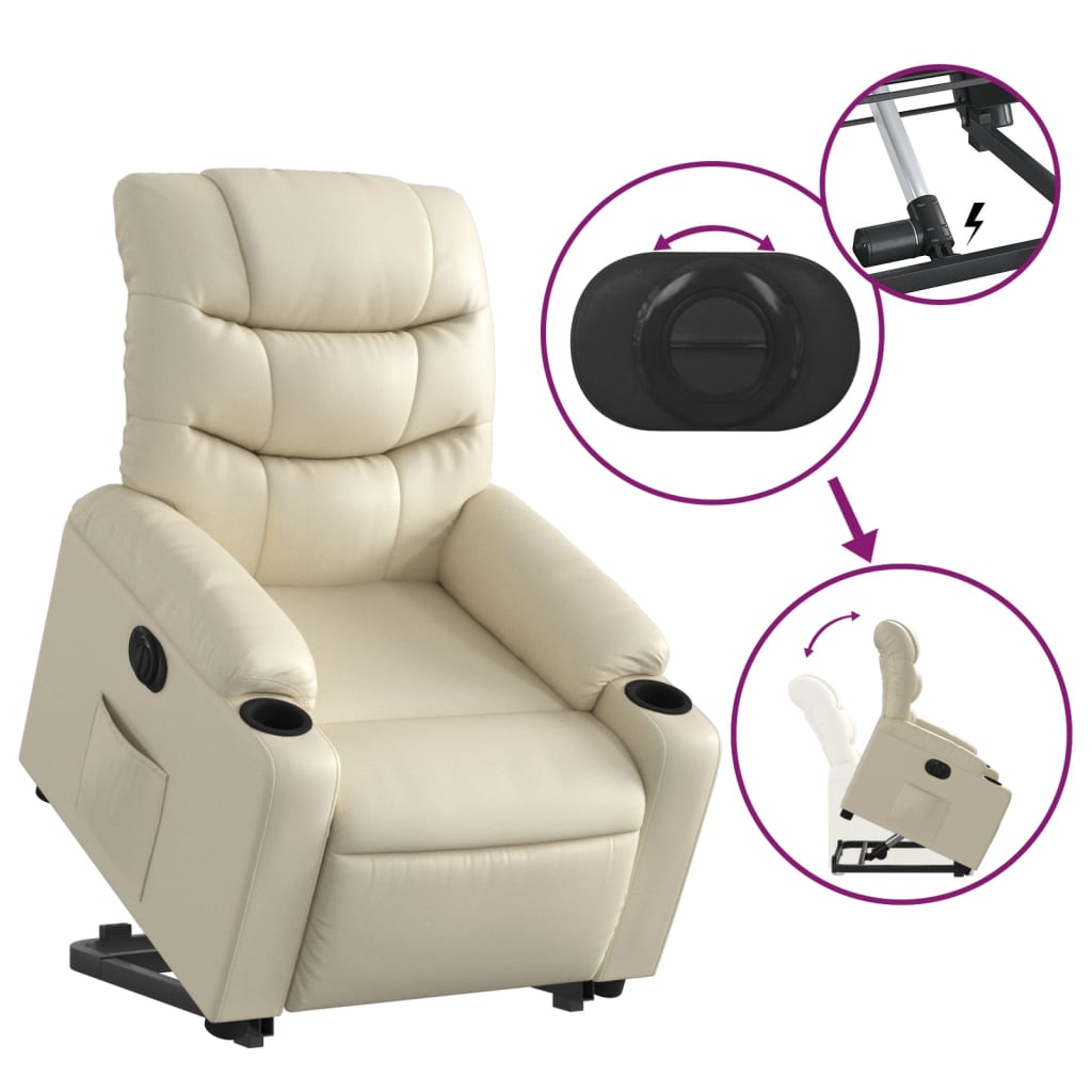 Fotoliu rabatabil electric cu ridicare, crem, piele ecologică