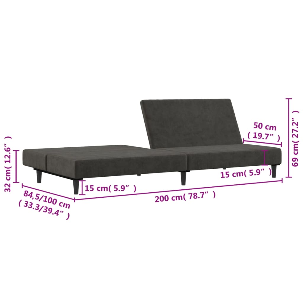 Canapea extensibilă cu 2 locuri, gri închis, catifea