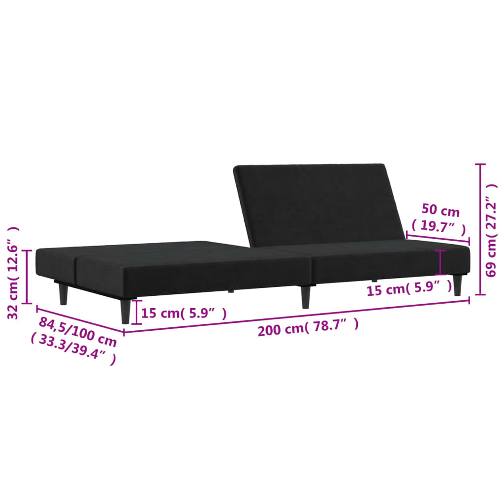 Canapea extensibilă cu 2 locuri, negru, catifea
