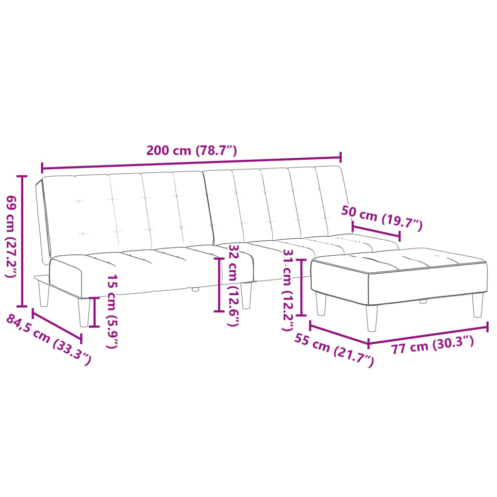 Canapea extensibilă cu taburet, 2 locuri, gri deschis, textil