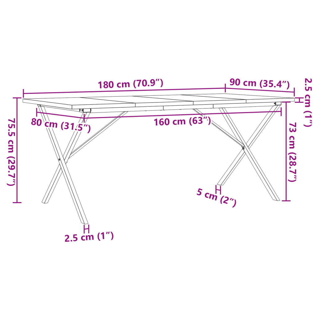 Masă bucătărie, cadru X, 180x90x75,5 cm lemn masiv pin și fontă