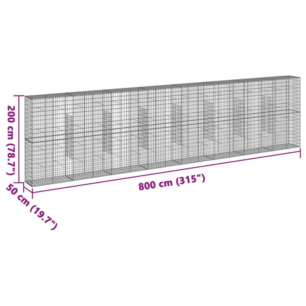 Coș gabion cu capac, argintiu, 800x50x200 cm, fier galvanizat