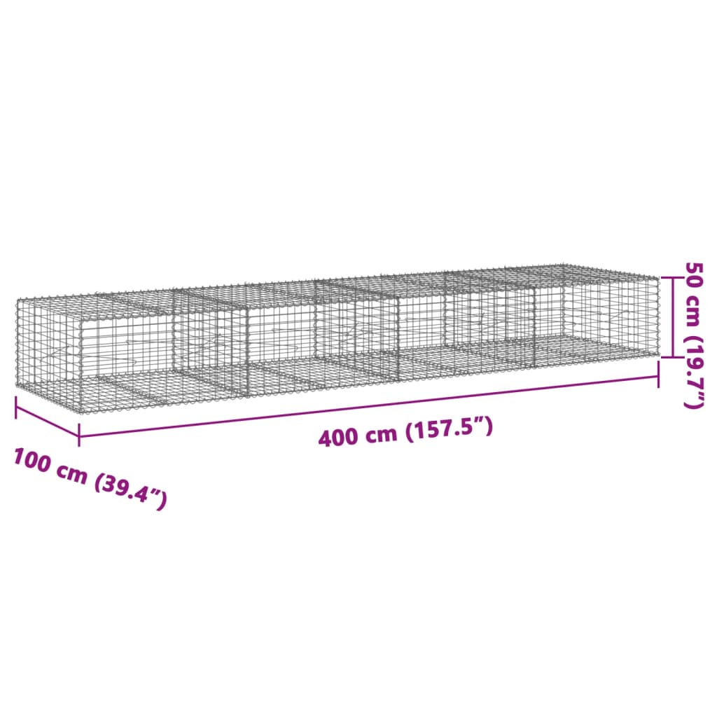 Coș gabion cu capac, 400x100x50 cm, fier galvanizat