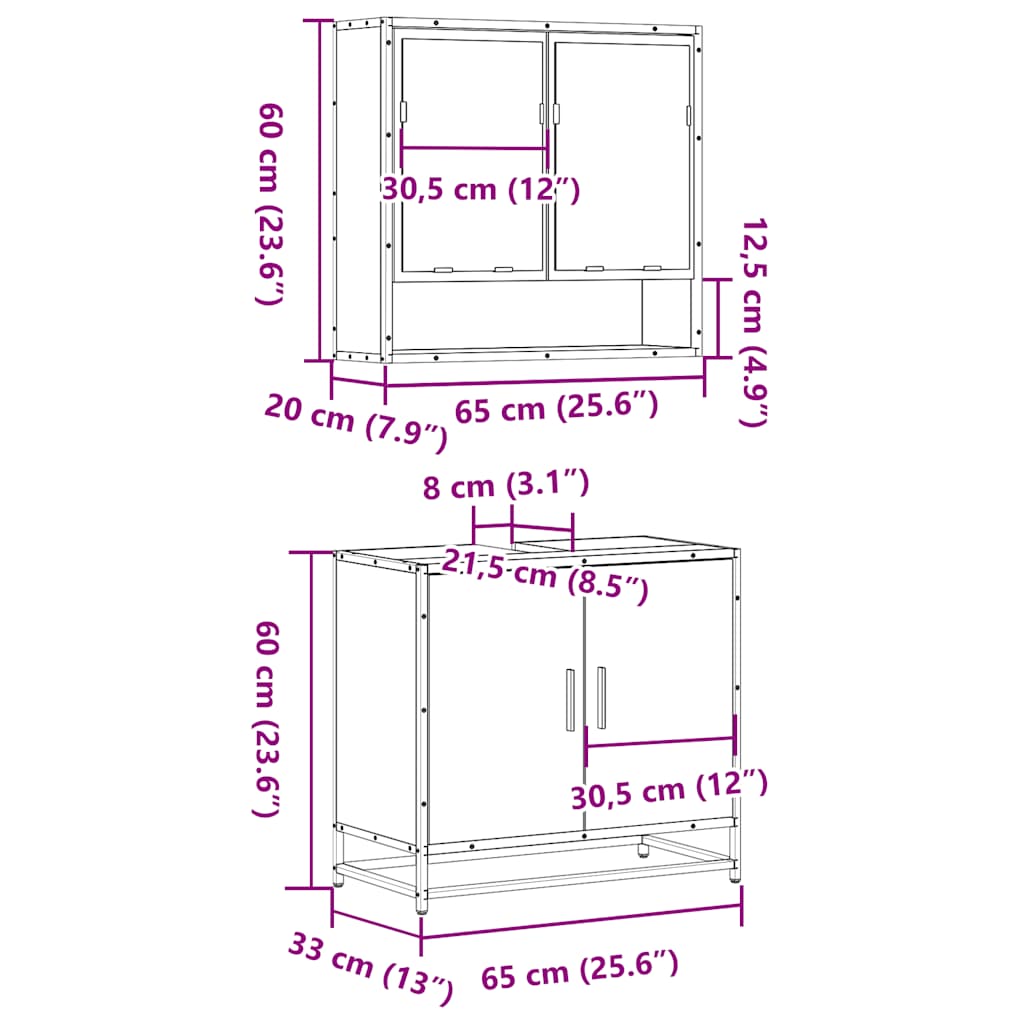 Set mobilier de baie, 2 piese, gri sonoma, lemn prelucrat