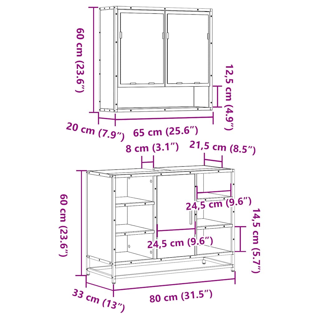 Set mobilier de baie, 2 piese, gri sonoma, lemn prelucrat