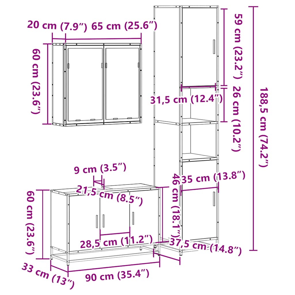 Set mobilier de baie, 3 piese, stejar sonoma, lemn prelucrat