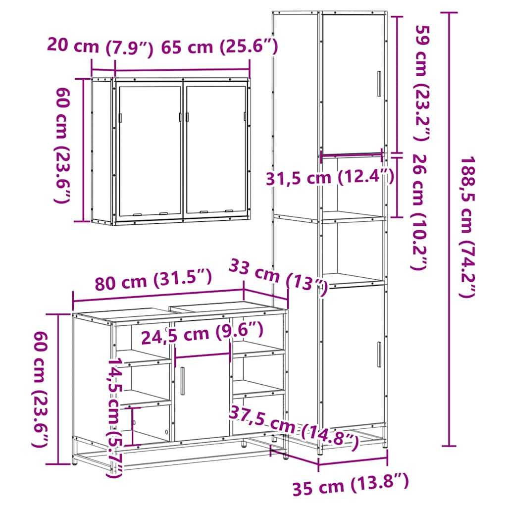 Set mobilier de baie, 3 piese, gri sonoma, lemn prelucrat