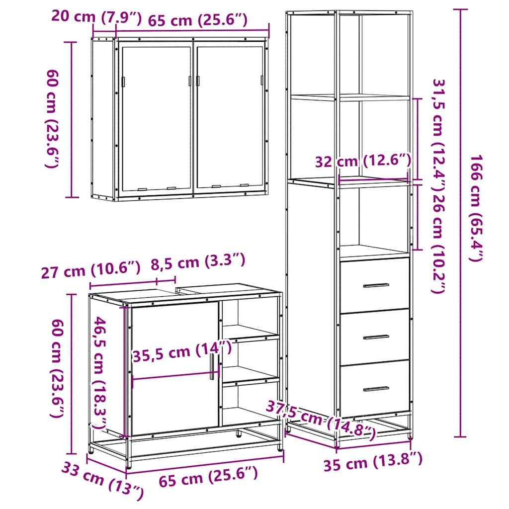 Set mobilier de baie, 3 piese, gri sonoma, lemn prelucrat