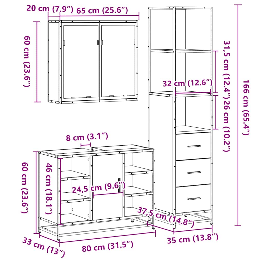 Set mobilier de baie, 3 piese, stejar fumuriu, lemn prelucrat