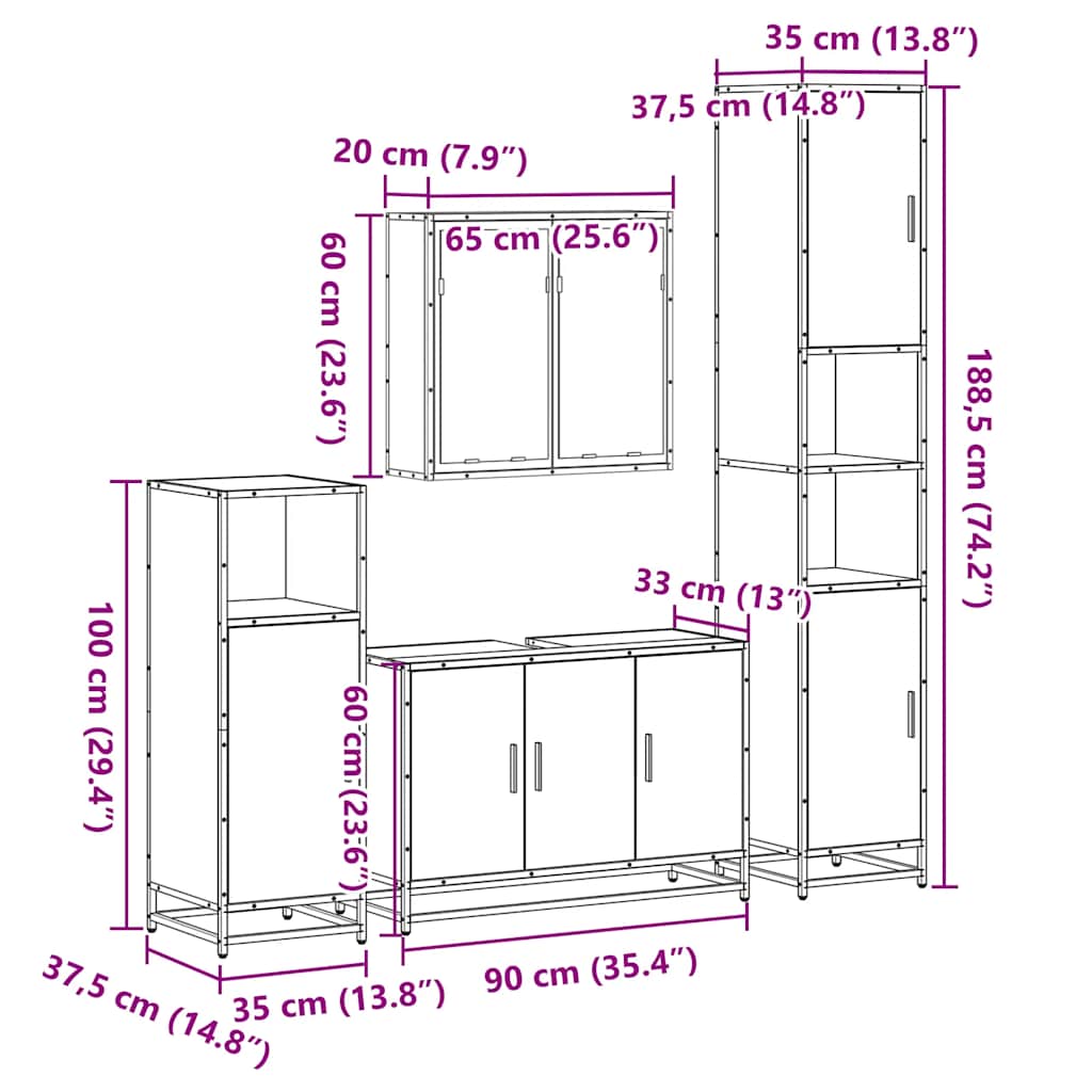 Set de mobilier de baie 4 piese Lemn stratificat gri Sonoma