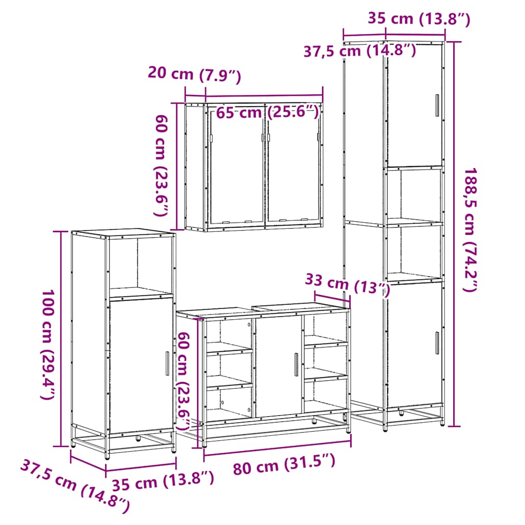 Set de mobilier de baie 4 piese Lemn stratificat gri Sonoma