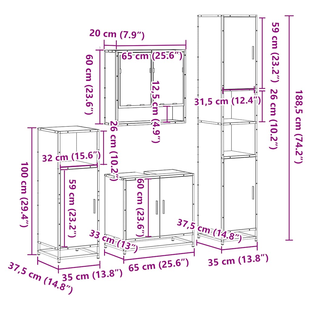 Set de mobilier de baie 4 piese Lemn prelucrat de stejar afumat