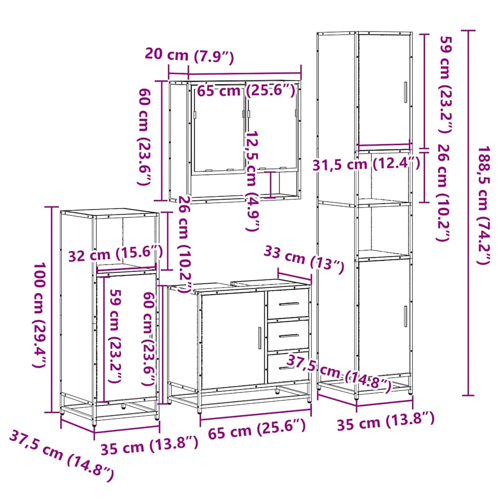 Set de mobilier de baie 4 piese Lemn negru prelucrat
