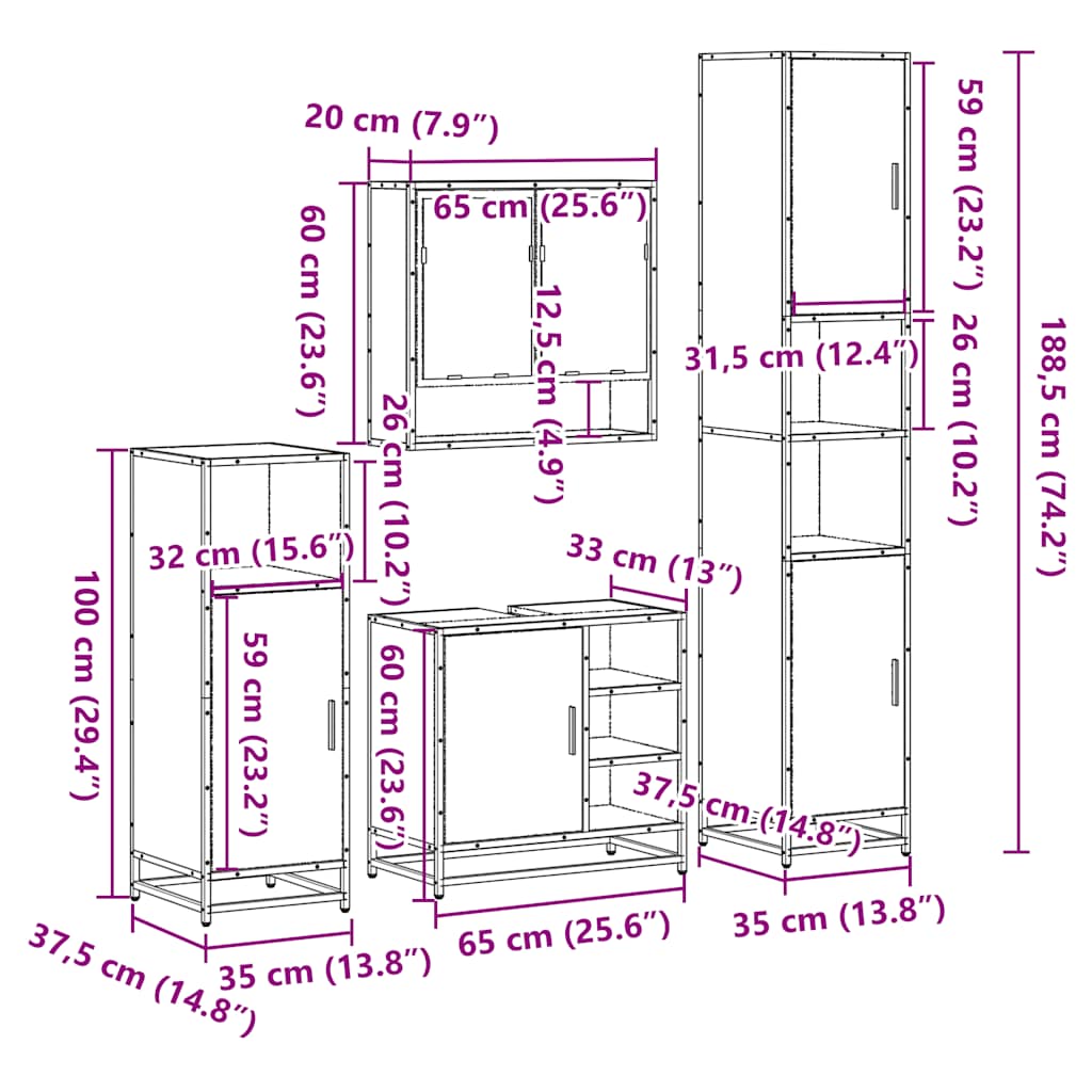 Set de mobilier de baie din 4 piese din lemn de stejar Sonoma