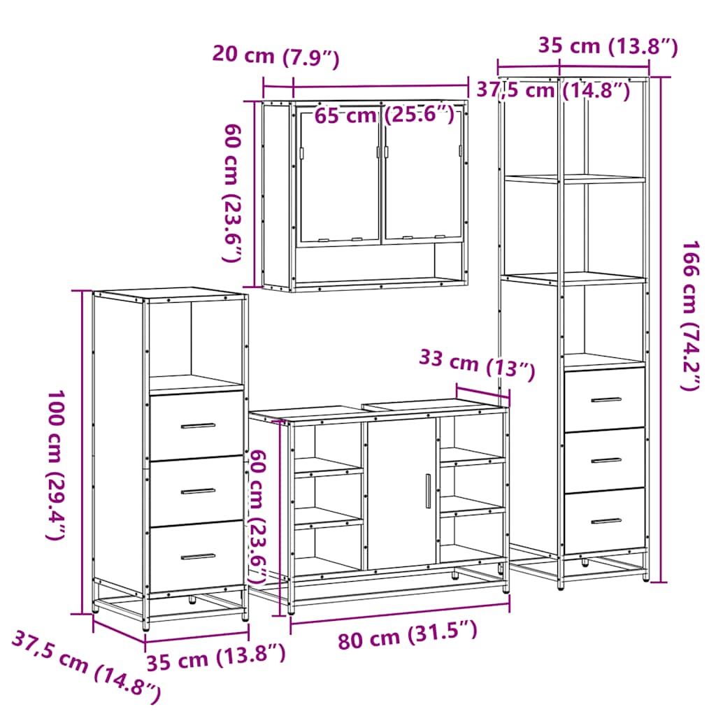 Set de mobilier de baie 4 piese Lemn stratificat gri Sonoma